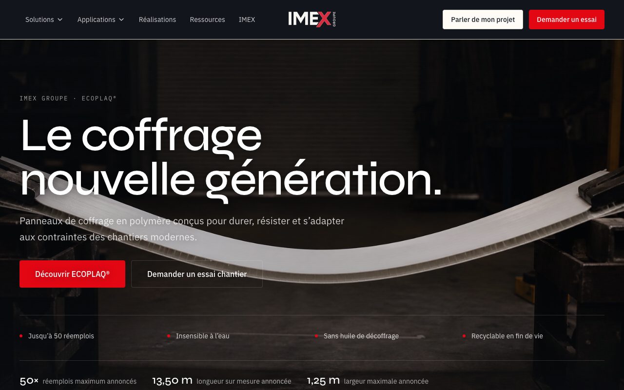 Aperçu du site IMEX Groupe — panneaux de coffrage, en cours de développement